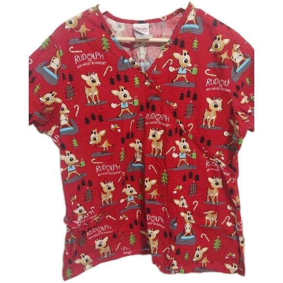 Rudolph the Red Nosed Reindeer Christmas Scrub Shirt Top Peds Dentist Vet Sz L - Picture 1 of 7